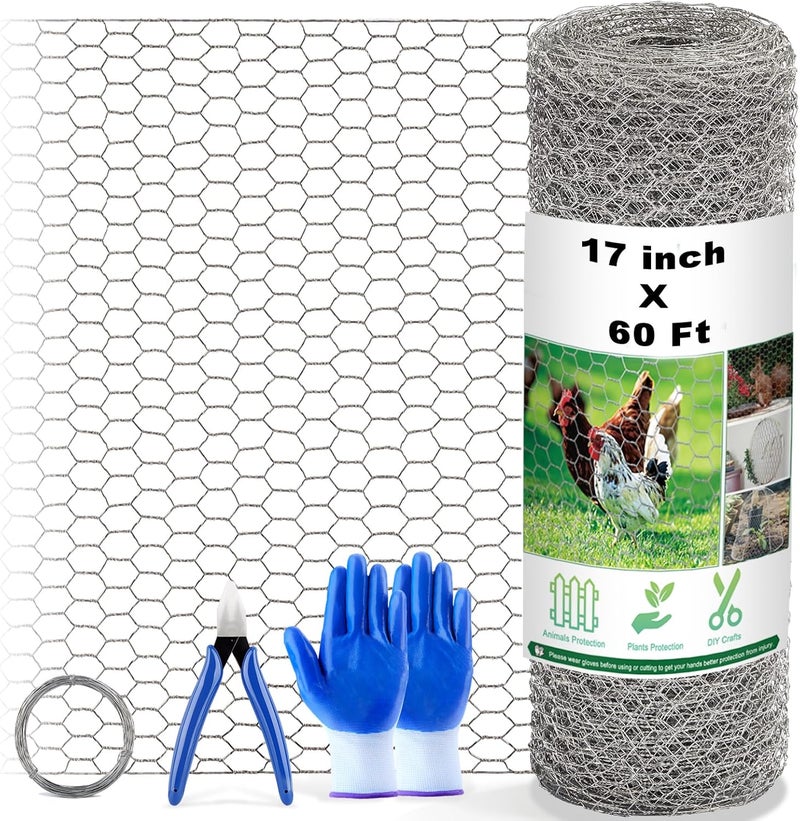 Fabulas Chicken Wire Fencing Mesh, 17 Inch x 60 Feet Metal Floral Chicken Wire Fence for Crafts Poultry Garden, 0.6 Inch Hexagonal Galvanized Hardware Cloth Netting for Chicken Coop Barrier Rabbit Cage - Image 1